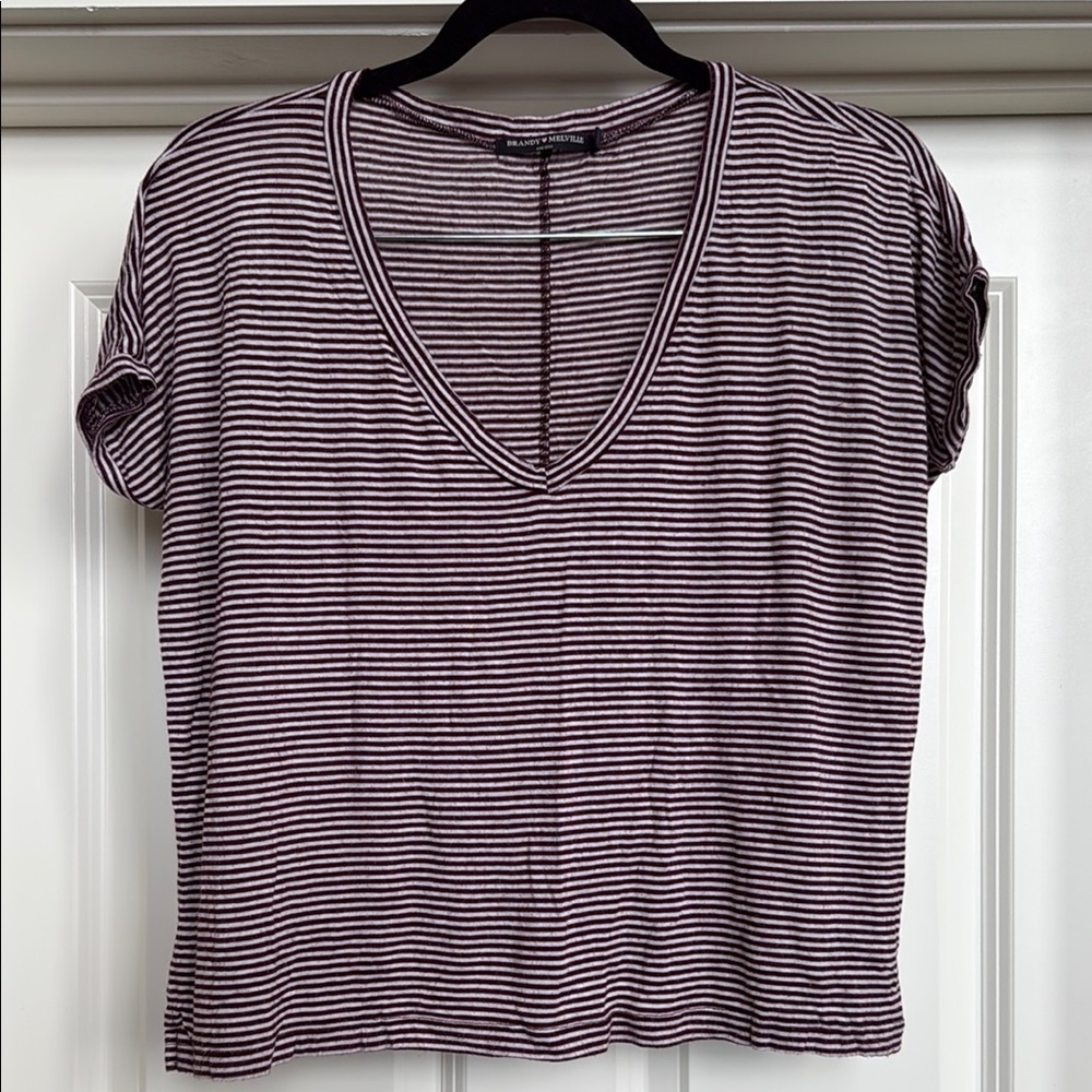 Brandy Melville Maroon/White striped V-Neck Top